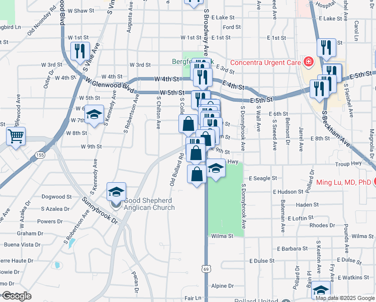 map of restaurants, bars, coffee shops, grocery stores, and more near 1992 Old Bullard Road in Tyler