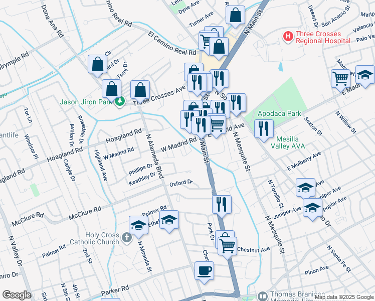 map of restaurants, bars, coffee shops, grocery stores, and more near 199 West Madrid Road in Las Cruces