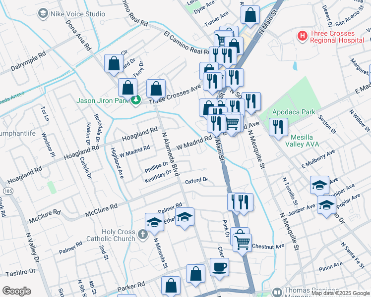 map of restaurants, bars, coffee shops, grocery stores, and more near 255 West Madrid Road in Las Cruces