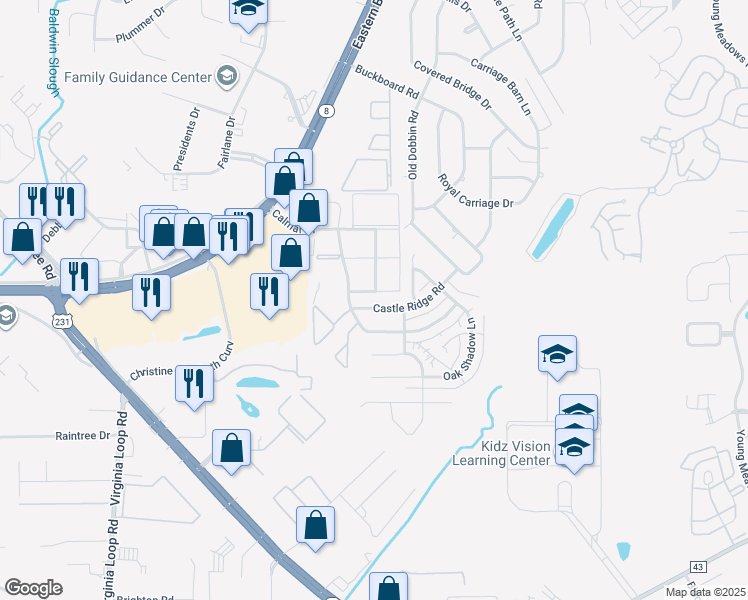 map of restaurants, bars, coffee shops, grocery stores, and more near 3627 Castle Ridge Road in Montgomery
