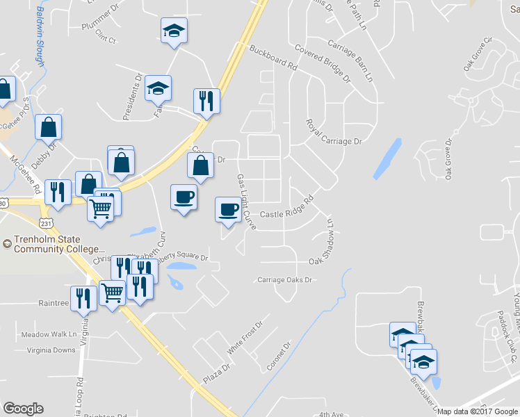 map of restaurants, bars, coffee shops, grocery stores, and more near 3640 Castle Ridge Road in Montgomery