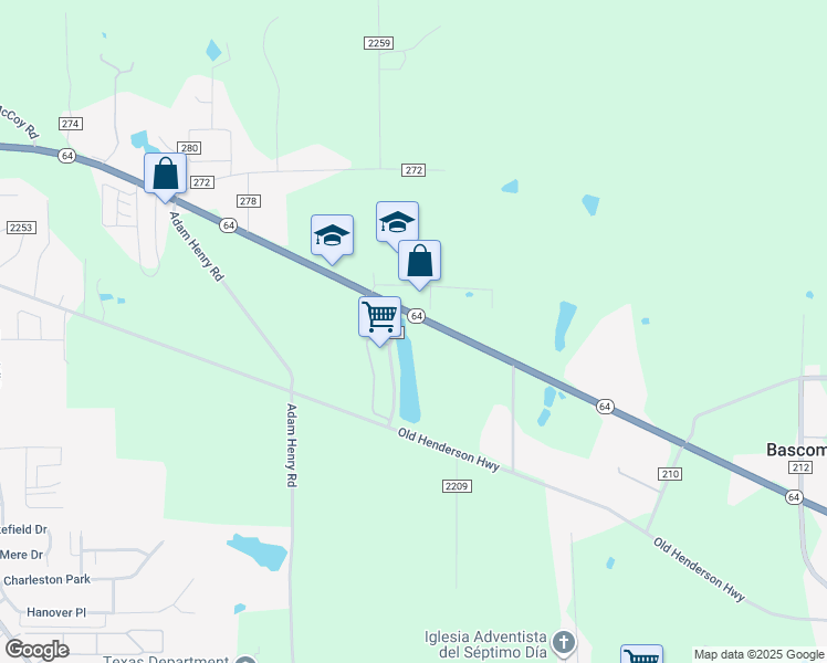 map of restaurants, bars, coffee shops, grocery stores, and more near 10658-10860 State Highway 64 in Tyler