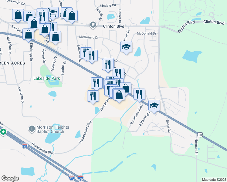 map of restaurants, bars, coffee shops, grocery stores, and more near 952 U.S. 80 in Clinton