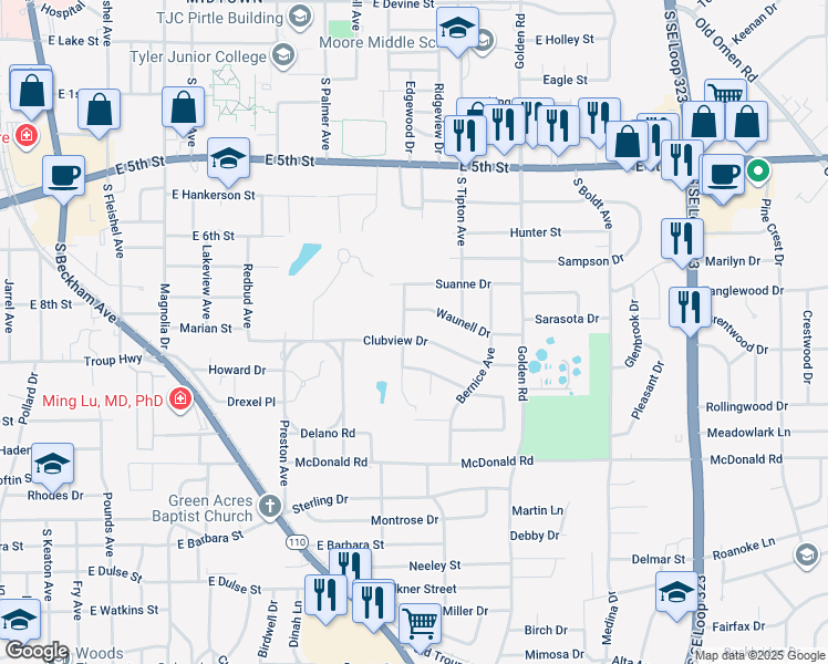 map of restaurants, bars, coffee shops, grocery stores, and more near 1902 Clubview Drive in Tyler