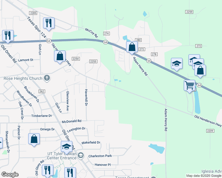 map of restaurants, bars, coffee shops, grocery stores, and more near 5000 County Road 219 in Tyler