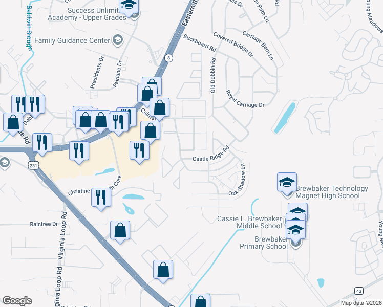 map of restaurants, bars, coffee shops, grocery stores, and more near 3640 Castle Ridge Road in Montgomery