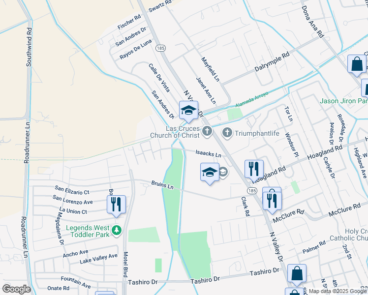 map of restaurants, bars, coffee shops, grocery stores, and more near 1681-2099 Isaacks Lane in Las Cruces