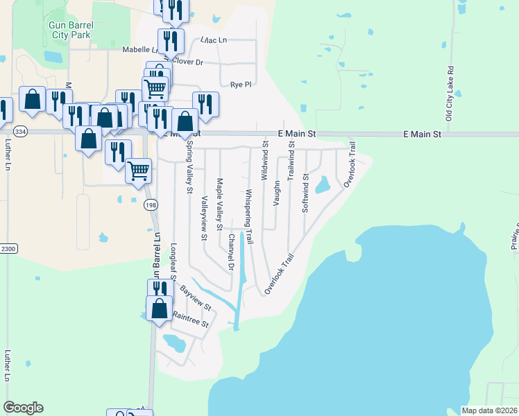 map of restaurants, bars, coffee shops, grocery stores, and more near 240 Wildwind Street in Gun Barrel City
