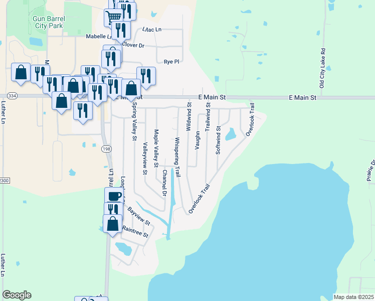 map of restaurants, bars, coffee shops, grocery stores, and more near 226 Wildwind Street in Gun Barrel City