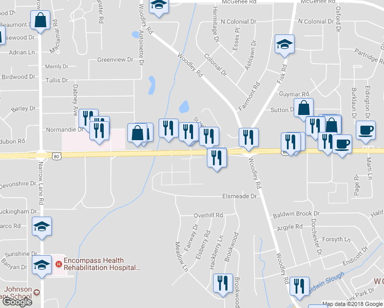 map of restaurants, bars, coffee shops, grocery stores, and more near 4398 Woodley Square in Montgomery