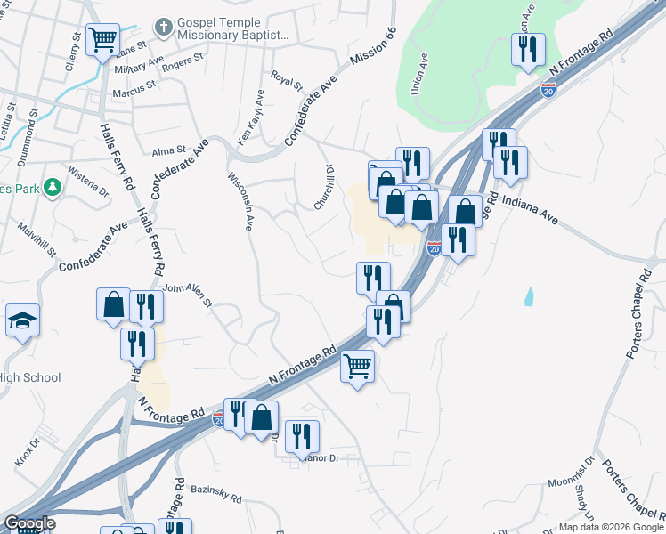 map of restaurants, bars, coffee shops, grocery stores, and more near Flower Hill Dr in Vicksburg