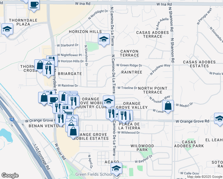 map of restaurants, bars, coffee shops, grocery stores, and more near 3500 West Orange Grove Road in Tucson