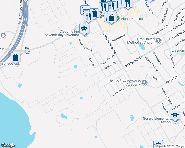 map of restaurants, bars, coffee shops, grocery stores, and more near 1818 Quail Hollow in Cleburne