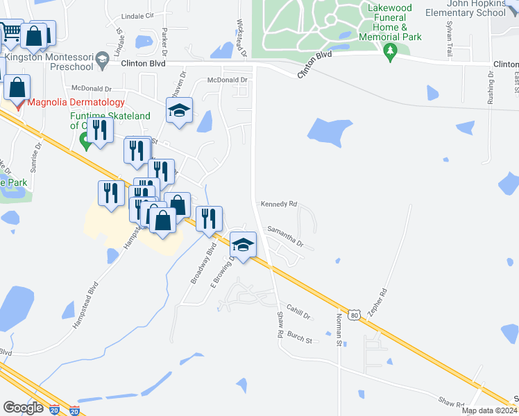 map of restaurants, bars, coffee shops, grocery stores, and more near 6029 Kennedy Road in Jackson