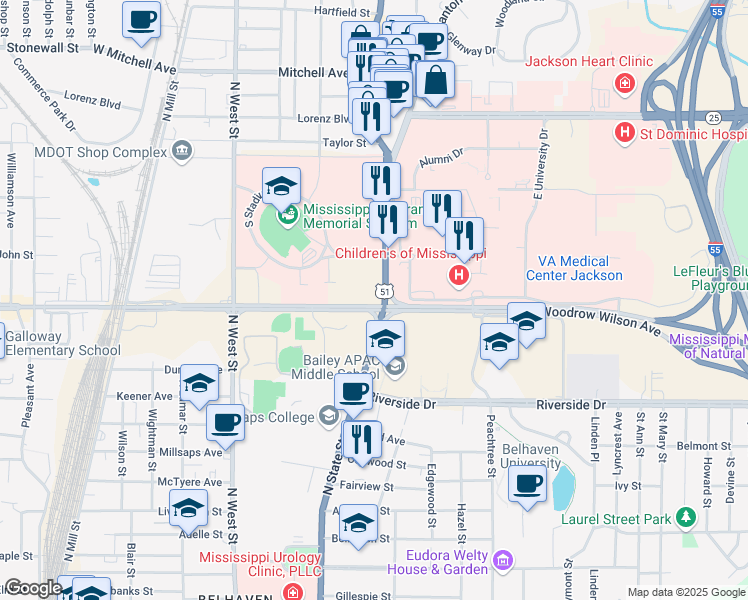map of restaurants, bars, coffee shops, grocery stores, and more near 2407 North State Street in Jackson