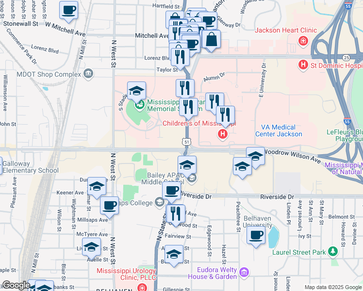 map of restaurants, bars, coffee shops, grocery stores, and more near 2407 North State Street in Jackson