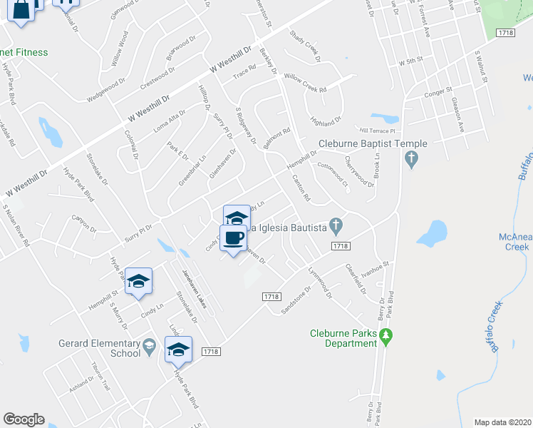 map of restaurants, bars, coffee shops, grocery stores, and more near 1210 Bradley Drive in Cleburne