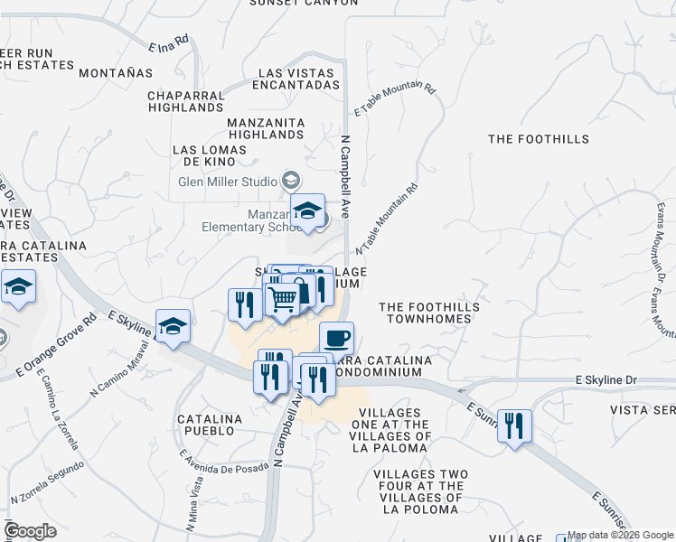 map of restaurants, bars, coffee shops, grocery stores, and more near 6651 North Campbell Avenue in Tucson