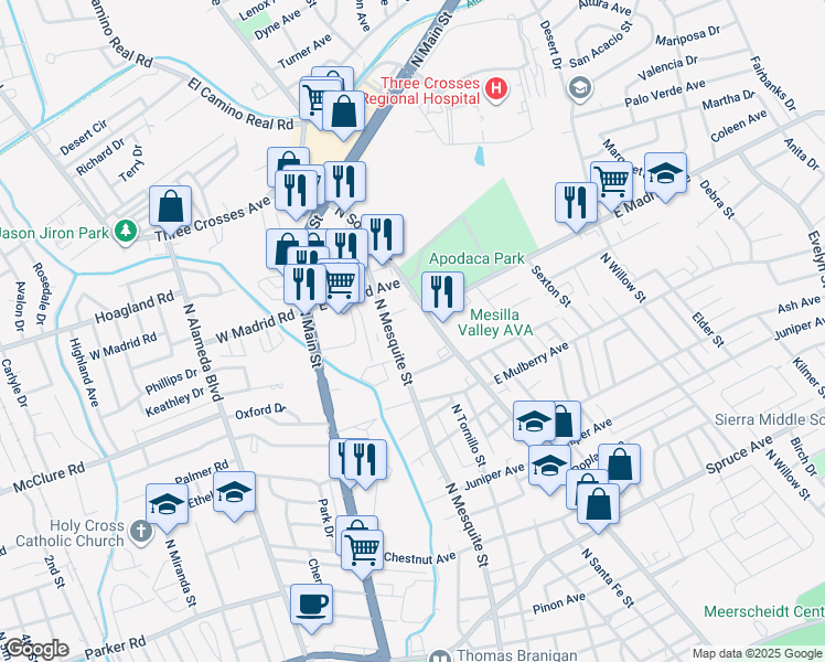 map of restaurants, bars, coffee shops, grocery stores, and more near 1760 North Mesquite Street in Las Cruces