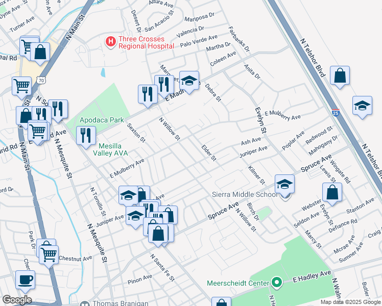 map of restaurants, bars, coffee shops, grocery stores, and more near 1640 Dogwood Street in Las Cruces