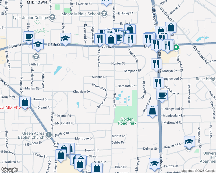 map of restaurants, bars, coffee shops, grocery stores, and more near 2106 Bernice Avenue in Tyler