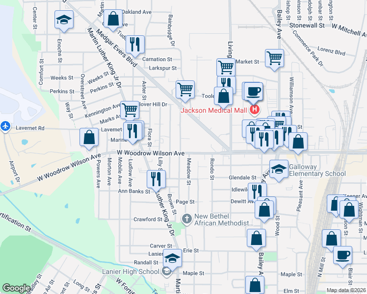 map of restaurants, bars, coffee shops, grocery stores, and more near 2902 Holmes Avenue in Jackson