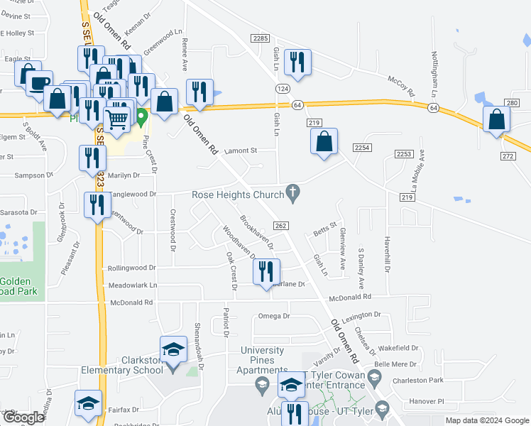 map of restaurants, bars, coffee shops, grocery stores, and more near 2113 Old Omen Road in Tyler