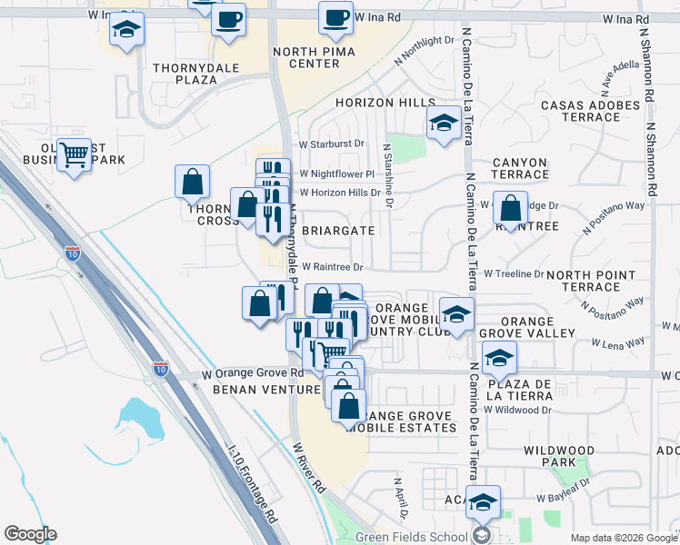 map of restaurants, bars, coffee shops, grocery stores, and more near 3680 West Orange Grove Road in Tucson