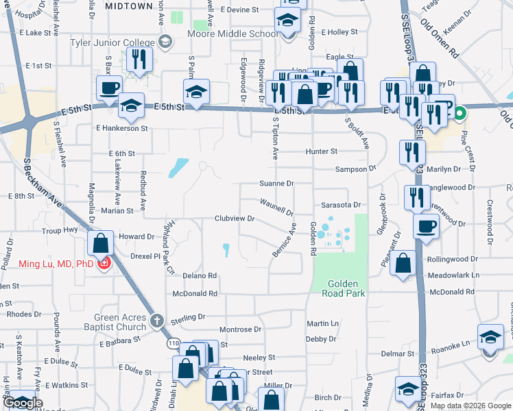 map of restaurants, bars, coffee shops, grocery stores, and more near 1924 Clubview Drive in Tyler