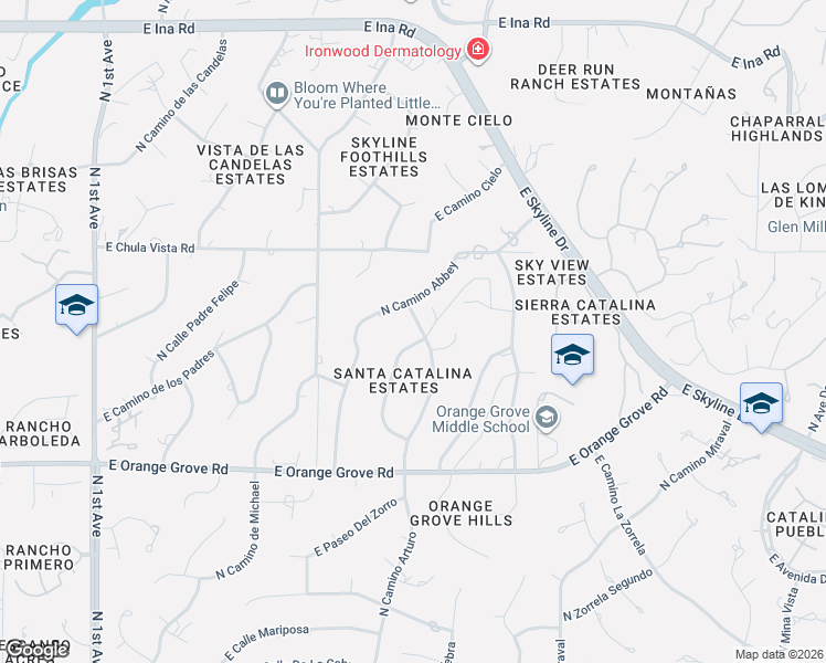 map of restaurants, bars, coffee shops, grocery stores, and more near 6651 North Camino Arturo in Tucson