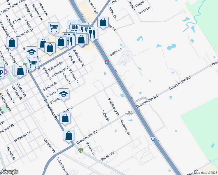 map of restaurants, bars, coffee shops, grocery stores, and more near 801 Oak Drive in Ennis
