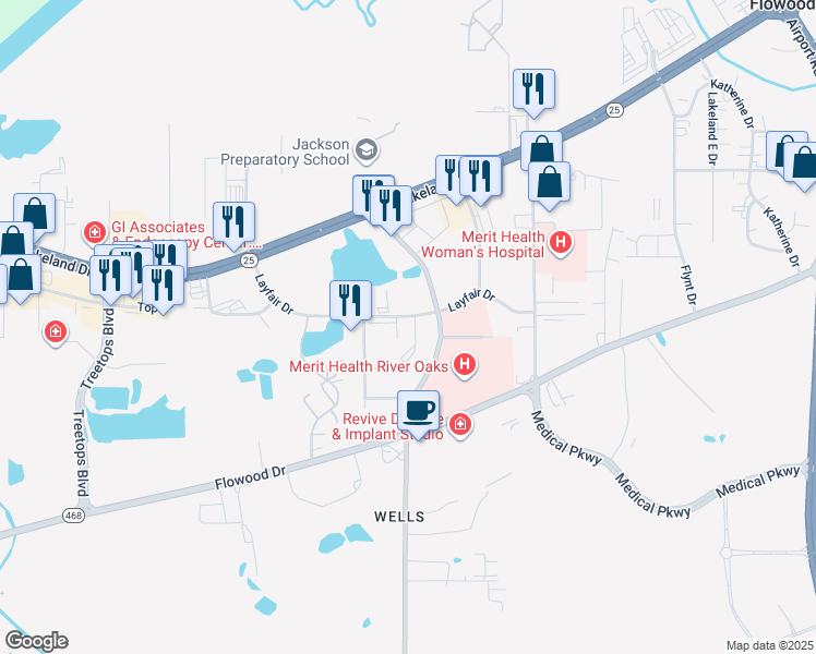 map of restaurants, bars, coffee shops, grocery stores, and more near 249 Layfair Drive in Flowood