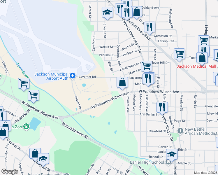 map of restaurants, bars, coffee shops, grocery stores, and more near 2429 Courtview Street in Jackson