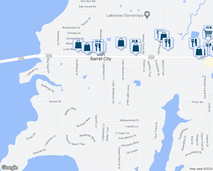 map of restaurants, bars, coffee shops, grocery stores, and more near 124 Lake Shadows Circle in Gun Barrel City