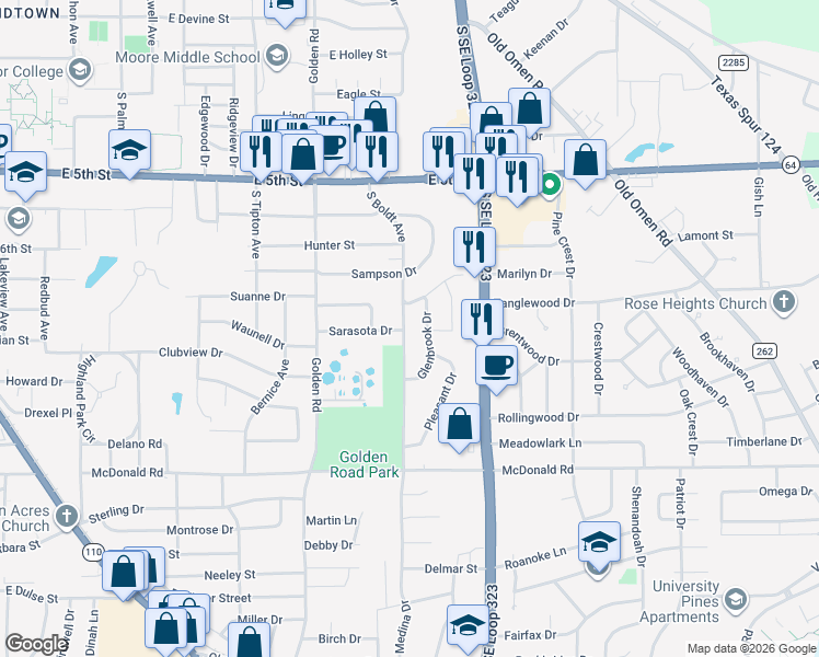 map of restaurants, bars, coffee shops, grocery stores, and more near 2011 South Boldt Avenue in Tyler