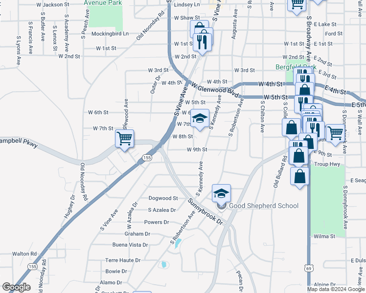 map of restaurants, bars, coffee shops, grocery stores, and more near 1005 West 9th Street in Tyler