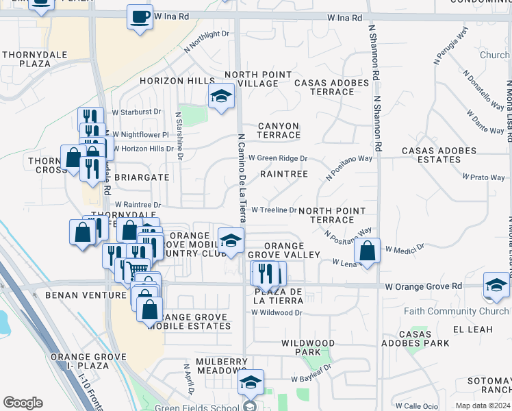 map of restaurants, bars, coffee shops, grocery stores, and more near 3338 West Treeline Drive in Tucson