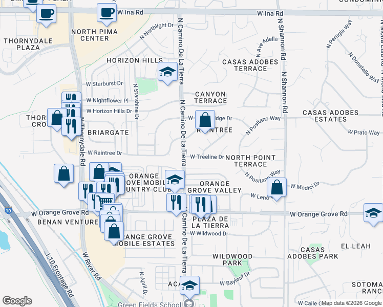 map of restaurants, bars, coffee shops, grocery stores, and more near 6634 North Camino De La Tierra in Tucson
