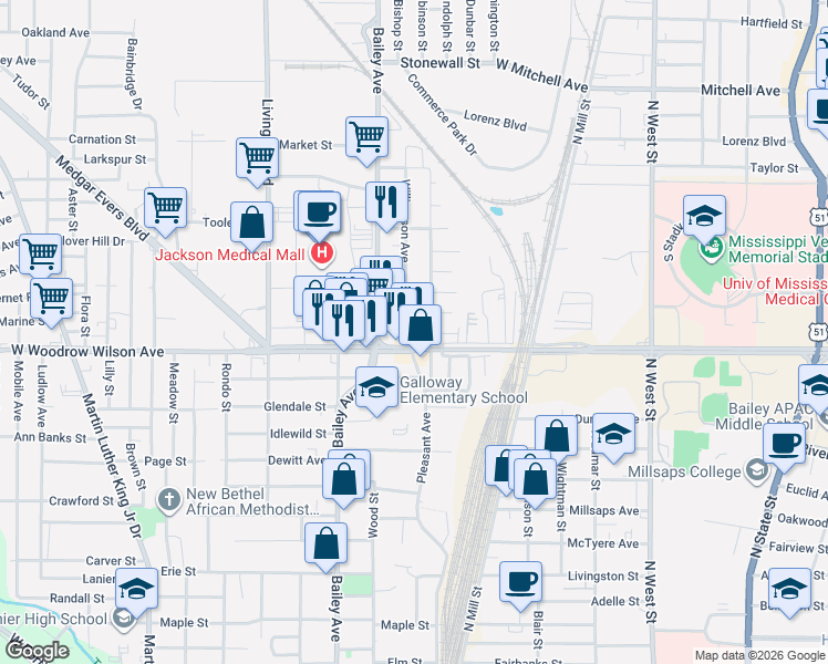 map of restaurants, bars, coffee shops, grocery stores, and more near 2437 Williamson Ave in Jackson