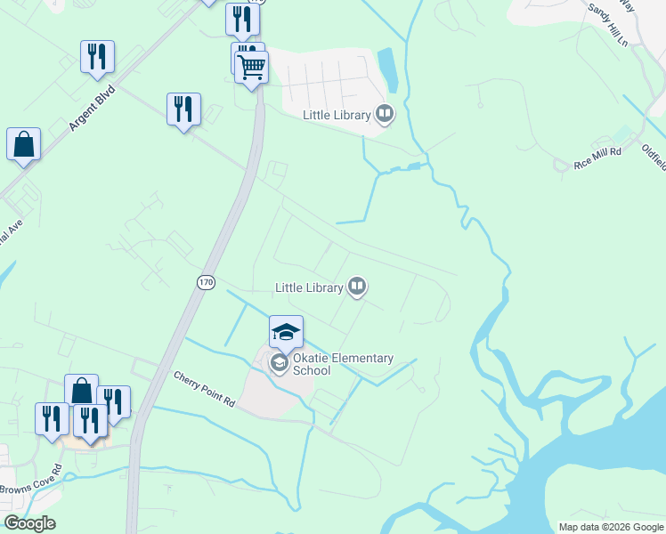 map of restaurants, bars, coffee shops, grocery stores, and more near 1-99 Pritcher Point Road in Okatie
