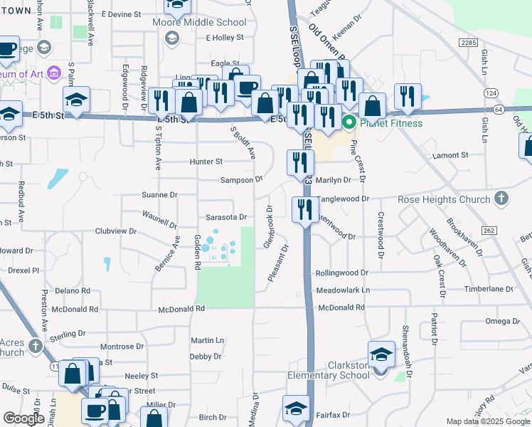 map of restaurants, bars, coffee shops, grocery stores, and more near 2025 Glenbrook Drive in Tyler