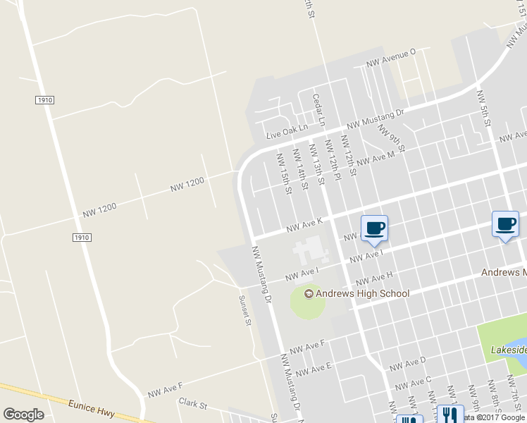 map of restaurants, bars, coffee shops, grocery stores, and more near 1214 La Paz Drive in Andrews