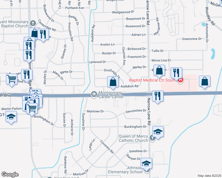 map of restaurants, bars, coffee shops, grocery stores, and more near 1221 East Audubon Road in Montgomery