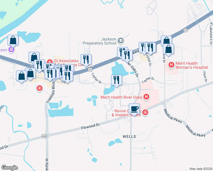map of restaurants, bars, coffee shops, grocery stores, and more near 294 Layfair Drive in Flowood