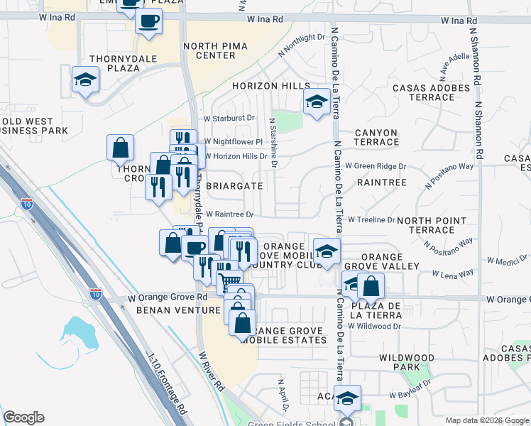 map of restaurants, bars, coffee shops, grocery stores, and more near 6624 North Galaxy Road in Tucson