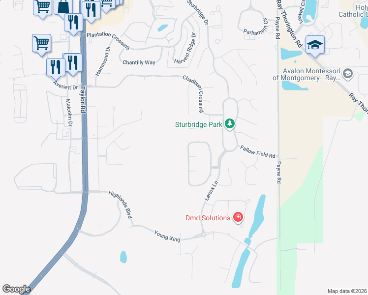 map of restaurants, bars, coffee shops, grocery stores, and more near 8491 Rockbridge Circle in Montgomery