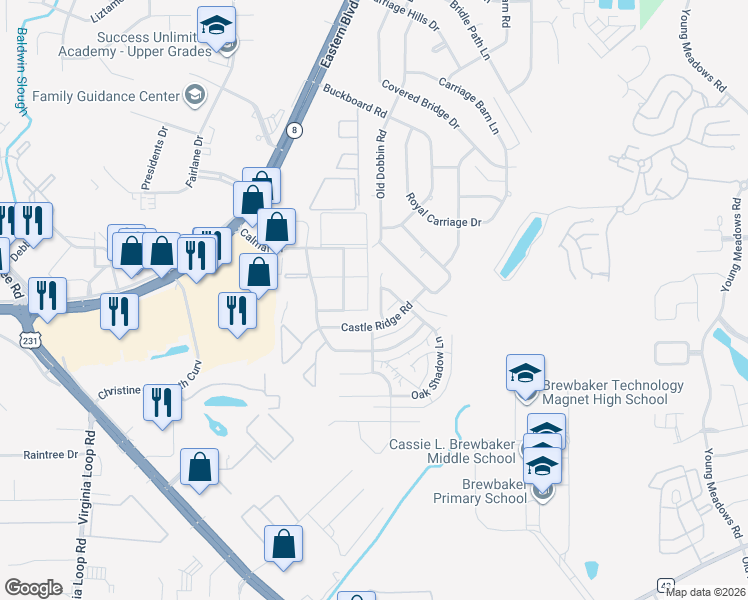 map of restaurants, bars, coffee shops, grocery stores, and more near 3417 Oak Shadow Lane in Montgomery