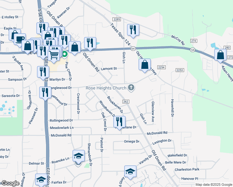 map of restaurants, bars, coffee shops, grocery stores, and more near 2101 Old Omen Road in Tyler