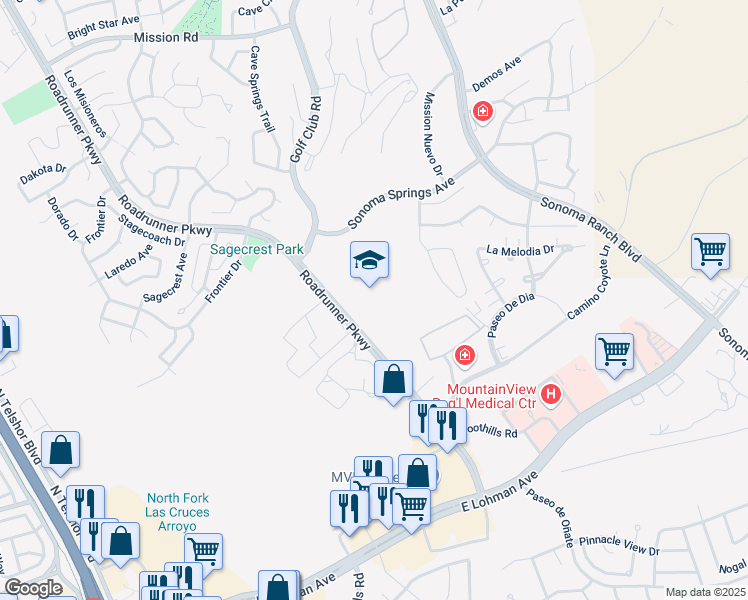 map of restaurants, bars, coffee shops, grocery stores, and more near 280 Roadrunner Parkway in Las Cruces