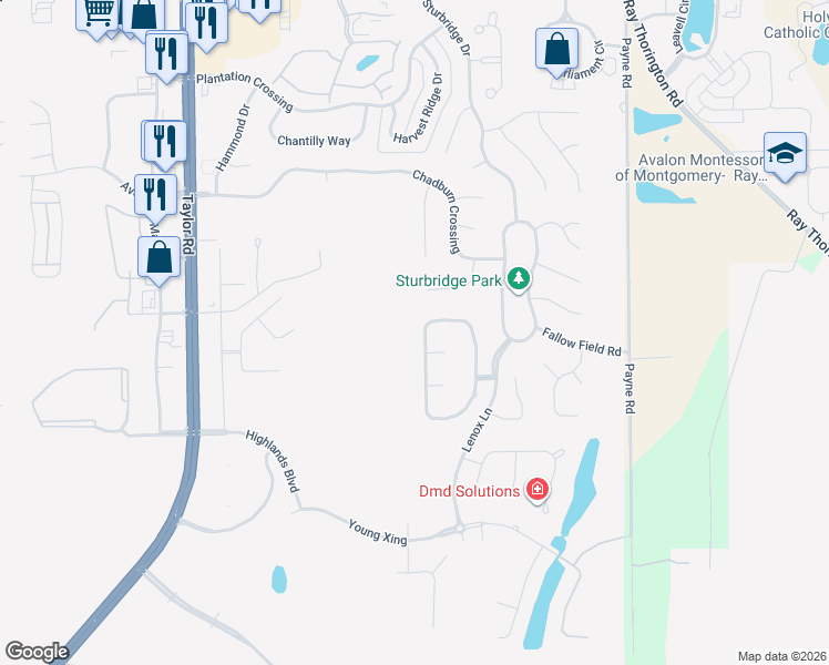 map of restaurants, bars, coffee shops, grocery stores, and more near 8491 Rockbridge Circle in Montgomery